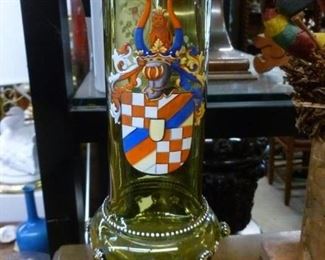One of a kind, hand-painted European drinking glass, antique, now reduced to $40, approx 10"h