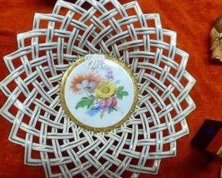 RARE when found in good condition, this reticulated basket-style bowl with handpainted flowers in center disk now reduced to $90