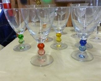 set of 6 glass goblets with colored double-knop stem @ $36/set