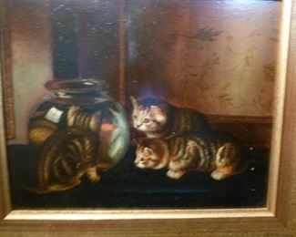 Oil painting on artist board of 3 kittens looking at fish in a glass bowl, approx 9"h x 12"w, framed, @ $42