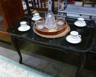Ebonized (painted black) tray table, the tray affixed over the frame/legs, @ $60