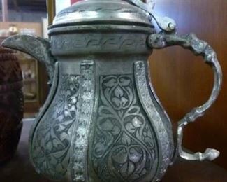 Gray metal engraved Indian/Arab-style pot @ $40