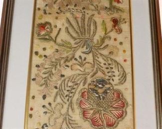 One of two framed panels on hand-embroidered silk panel now offered at $35