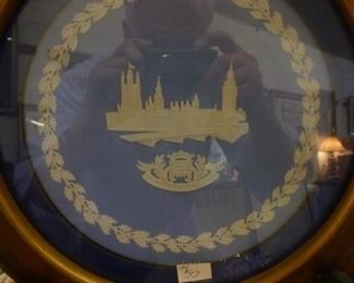 Wedgwood white-on-blue jasperware plate of London, in bespoke frame, now reduced to $25