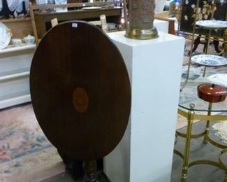 Antique oval tilt-top table with oval marquetry center, over tripod legs now reduced to $100