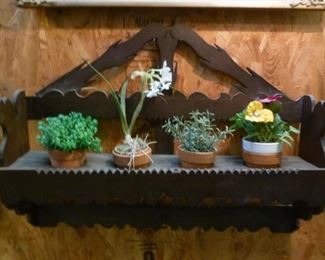 Early 20th century handmade plant pot rack with 4 ceramic pots and artificial plants @ $100 -- VERY RARE