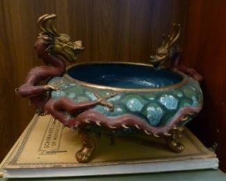 Antique Chinese cloisonne footed bowl with two confronting enameled dragons on rim @ $494 -- a VERY RARE piece of cloisonne.  The  dragons appear to be very powerful/