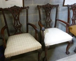 Pair of c 1930s open arm Chippendale-style chairs in mahogany solids, at $240/pair