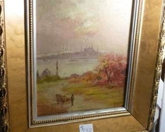 Original painting of Istanbul at dusk, framed, painting approx 12"h x 8"w @ $132