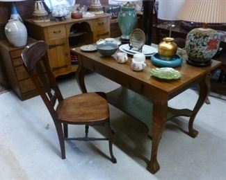 Antique American oak work table accompanied by side chair @ $100/two