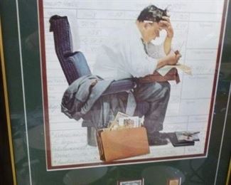 Norman Rockwell print framed along with 3 postage stamps @ $70