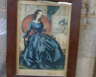 American mid 19th century (therefore antique), hand-colored Currier print of seated Victorian woman, under period glass, in period mahogany-veneered frame @ $60