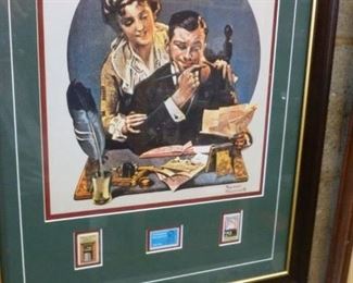 Norman Rockwell print matted along with three postage stamps, framed together, offered at $40
