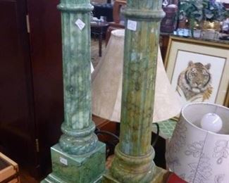 Pair of green-colored alabaster columns, originally made into lamp bases @ $80/pair