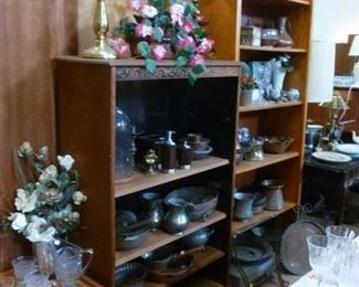 Tall shelf unit @ $100. Smaller one with machine-carved top frieze panel also @ $100