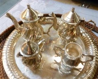 Tin alloy miniature tea set on round tray, @ $20