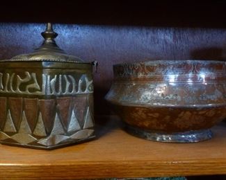 Two of MANY north African and Middle Eastern metal pots/boxes we have for sale.