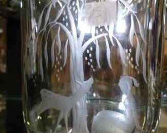 Scandinavian etched scene on clear crystal vase