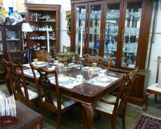 China cabinet now reduced to $250.  Table reduced to $100.  Set of 8 chairs reduced to $250/set -- because we do not want to have to move these again.  Note that the chair seats have been professionally cleaned.