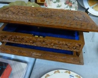 Jewelry box, with elaborate and deep foliate carving on hinged lid, and front, now reduced to $30
