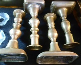Two pairs of antique brass candlesticks, all with "pushers", @ $194/pair