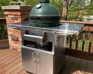 Big Green Egg (size L)  with stainless steel cart and cover. Excellent used condition. (Missing a piece on the handle.) $650