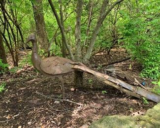 Love this piece! Hand crafted outdoor metal peacock. 4’ L x 2’ H. $100. 
