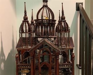 STUNNING! Mahagony bird cage. Yes, this is a REAL bird cage! Faux bird inside for grins. More images available. With base - it stands just over 6’ tall.  2.4’ W. Yours for $500. (Original bill of sale was $900) 