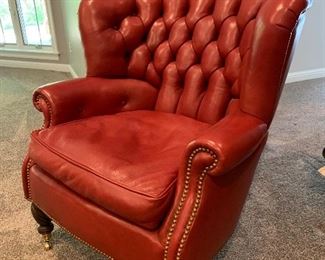 PAIR of custom T. Rohan barrel tufted wing chairs. Feature classic rounded arm style. Antique style spool legs with brass cups and wheels. More pics of the chairs together coming soon! $1500/both