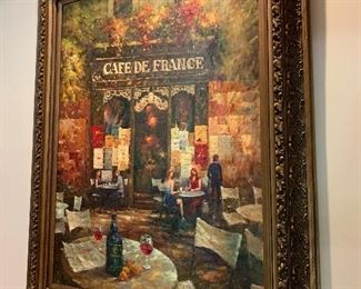 Large format, original artwork depicting French bistro scene. Frame measures. 5’ H x 4’ W. $400
