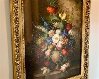 Large format, original artwork depicting a floral still life. Lots of fantastic detail in this piece! Frame measures 4.9’ H x 3.9’ W. $500