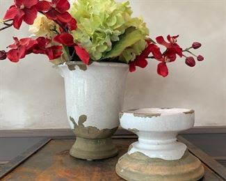 Pottery Barn Tuscan vase and pillar holder. Faux flowers included. Sold as a pair. $28/both. 