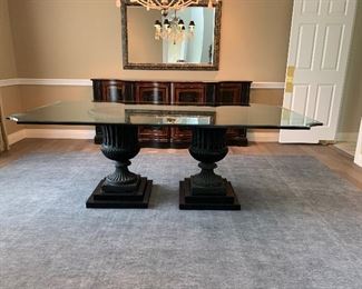 Custom-designed Glass-top Table - real cast urns.    31”H x 49” W x 84”L $1000