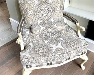 Pair of upholstered Beregere chairs....fabric is in excellent condition.  Gray and beige tones.....Solid and comfortable...paint/glaze shows some yellowing and wear......pair $500.  (We will get picture posted of pair ASAP!)  Measures 34"Wx31"Dx39"H.