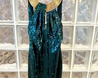 Cocktail dress; green sequin and gold beads. Size 10. Excellent condition. $60