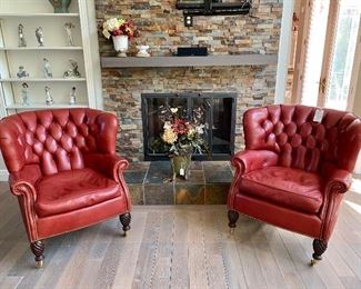Pair of Barrel back leather chairs. Prices for all available in future pictures.