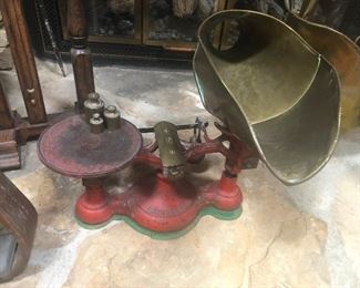 To be continued. Antique general-store scale with 3 weights