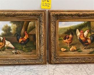 Lot 6 - $150 for the Pair of Oil on Canvas Paintings with Ornate Gold Toned Frames 22” W x 19” ea.  Chickens and Roosters - Original price tag still attached of $249 each.  
