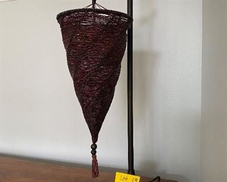 Lot 13. $45. Wrought Iron Base with Hanging Red Fortuni style beaded lamp shade 28” H  unbranded. Very Cute