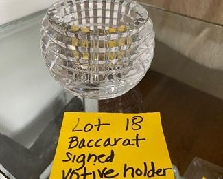Lot 18.  $110.00  Baccarat Crystal Eye Votive Holder  3” Diameter x 3” Height (sells from $430 to $570 for two on Baccarat's website).  Perfect condition.  Great Mother's Day Gift. 

