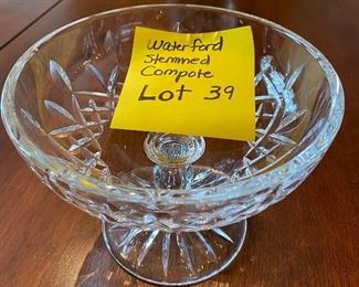 Lot 39. $30.  Waterford Crystal Lismore Pedestal/Footed Stemmed Compote Bowl or Dish.  4.5 x 6.25" across.  Excellent condition; no chips or cracks or damage.