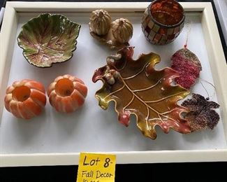 Lot 8. $15.  Set of 9 fall decor, including:  Candle votive holder, 2 Leaf Bowls from Morton Arboretum Shop, and two Pumpkin Candles, Salt and Pepper Pumpkin Shakers and 2 Leaf Ornaments. Nice Lot!
