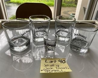 Lot 40.  $20.00.  Super Sharp Set of 4 Jack Daniels No.7 Rocks Glasses and Matching Shot Glass 3” W x 3” H