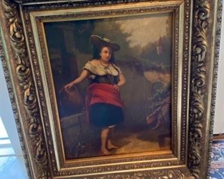Lot 41.  $85.00.  Antique Oil on Canvas Painting and Frame of Woman, very old.  Frame is 5” thick x 30.5’ H x 20’ W. The painting shows crackling with age and could use some TLC.  That said, the frame is actually two frames put together, but it is sensational and quite old.    No artist signature visible (could be under frame)
