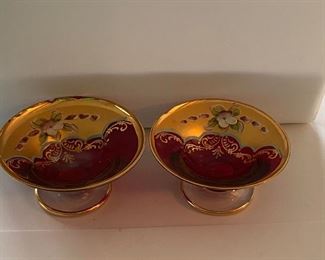 Lot 42  Bohemian Glass small finger bowls, hand painted and one on left has tiny chip on rim - it is visible from this photo.