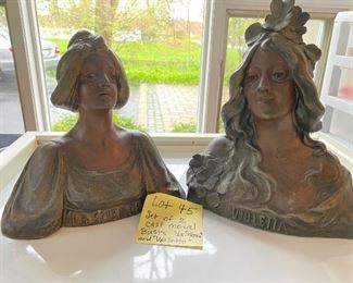 Lot 45.  $60.   Two cast metal female busts, one on left says, "LaScience" and the one on the right says "Violetta".  Exhausting research shows me nada on these items - the busts are hollow, could be bronze or some other metal but they sure are interesting!   I think they could even go outdoors as garden art.