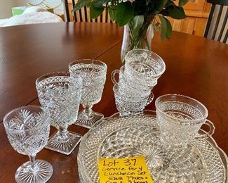 Lot 37   $15.00.  Darling Luncheon Set for 4 - 4 plates, 4 cups, 2 goblets.  The shortest little goblet met its demise and is no longer included in this lot.  Fun set, perfect for a lunch party of 4.  10 pcs. total.  