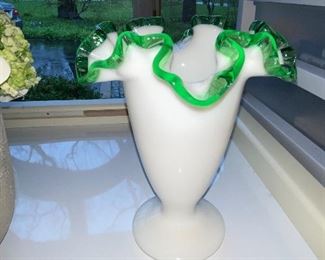 Lot 52 White vase with green fluted glass rim
