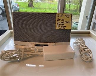 Lot 53 $30.  White Bose SoundDock digital music system for iPod or iPhone. 2004 version.   We know some of you still have that version - now you can hear your music in Bose Sound Splendor!!
