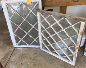 Lot 68.   $100   2 Antique windows (original to this home built in 1898.   All you have to do is look at Pinterest and see what people have done with antique windows, especially with the neat dividers in them.  One is sized 28x33 and the other 38x27.  Need to be cleaned for starters, but man are they cool.  